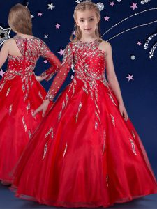 Sleeveless Floor Length Beading and Ruffles Zipper Girls Pageant Dresses with Red