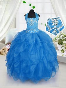 Halter Top Baby Blue Sleeveless Appliques and Ruffles Floor Length Kids Pageant Dress