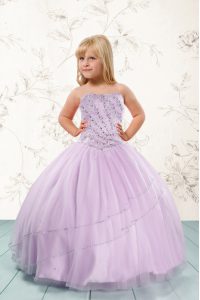 Dramatic Beading Little Girls Pageant Gowns Lilac Lace Up Sleeveless Floor Length