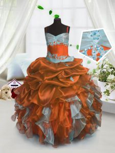 Rust Red Spaghetti Straps Neckline Beading and Ruffles and Pick Ups Little Girls Pageant Dress Wholesale Sleeveless Lace Up
