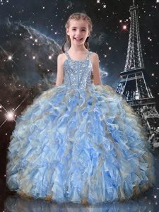 Light Blue Sleeveless Organza Lace Up Little Girl Pageant Dress for Quinceanera and Wedding Party