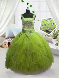 Yellow Green Ball Gowns Tulle Straps Sleeveless Beading and Ruffles Floor Length Lace Up Kids Pageant Dress