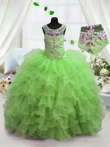 New Arrival Ball Gowns Scoop Sleeveless Organza Floor Length Lace Up Beading and Ruffled Layers Girls Pageant Dresses