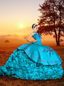 Baby Blue Sleeveless Organza Brush Train Lace Up Quinceanera Gowns for Military Ball and Sweet 16 and Quinceanera