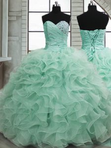 Chic Apple Green Organza Lace Up Ball Gown Prom Dress Sleeveless Floor Length Beading and Ruffles