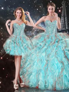 Fashionable Ball Gowns Quince Ball Gowns Aqua Blue Sweetheart Organza Sleeveless Floor Length Lace Up