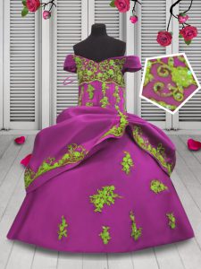 Off the Shoulder Beading and Appliques Child Pageant Dress Hot Pink Lace Up Sleeveless Floor Length