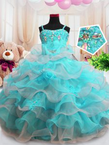 Floor Length Zipper Child Pageant Dress Aqua Blue for Party and Wedding Party with Beading and Ruffled Layers
