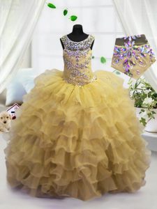 Scoop Light Yellow Sleeveless Floor Length Beading and Ruffled Layers Lace Up Girls Pageant Dresses