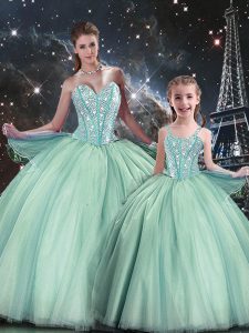 Suitable Turquoise Lace Up Sweetheart Beading Quinceanera Dress Tulle Sleeveless