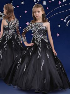 Black Asymmetric Zipper Beading and Ruffles Girls Pageant Dresses Sleeveless