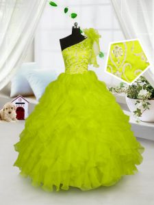 High End One Shoulder Yellow Green Sleeveless Floor Length Embroidery and Ruffles Lace Up Girls Pageant Dresses