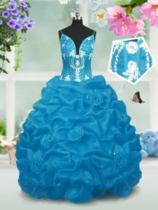 Taffeta V-neck Sleeveless Lace Up Beading and Pick Ups Kids Formal Wear in Baby Blue