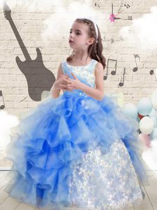 Baby Blue Ball Gowns Scoop Sleeveless Organza Floor Length Lace Up Beading and Ruffles Girls Pageant Dresses