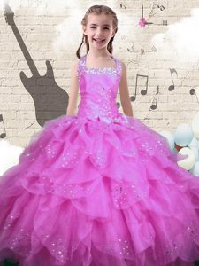 Halter Top Rose Pink Ball Gowns Beading and Ruffles Child Pageant Dress Lace Up Organza Sleeveless Floor Length
