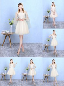 Sophisticated Champagne Cap Sleeves Lace Knee Length Dama Dress