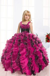 Black and Hot Pink Organza Lace Up Little Girls Pageant Dress Sleeveless Floor Length Beading and Ruffles