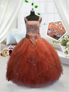 Orange Red Child Pageant Dress Party and Wedding Party with Beading and Ruffles Straps Sleeveless Lace Up