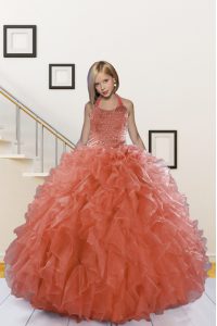 Beautiful Halter Top Organza Sleeveless Floor Length Little Girl Pageant Dress and Beading and Ruffles