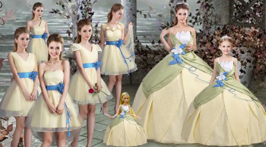 Pretty Floor Length Lace Up Quinceanera Gowns Light Yellow for Military Ball and Sweet 16 and Quinceanera with Hand Made Flower