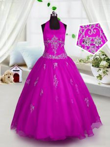 Fuchsia A-line Tulle Halter Top Sleeveless Appliques Floor Length Lace Up Little Girls Pageant Dress Wholesale