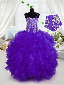 Purple Lace Up Little Girls Pageant Gowns Beading and Ruffles Sleeveless Floor Length