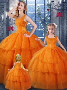 Orange Ball Gowns Organza Straps Sleeveless Ruffled Layers Floor Length Lace Up Quince Ball Gowns