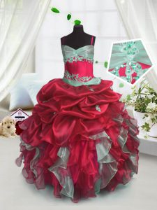 Floor Length Lace Up Little Girls Pageant Gowns Red for Party and Wedding Party with Beading and Ruffles
