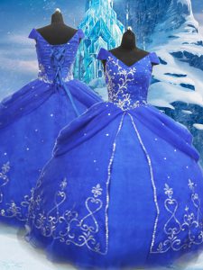 Floor Length Ball Gowns Short Sleeves Blue Sweet 16 Dress Lace Up