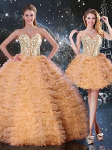 Orange Ball Gowns Beading and Ruffled Layers Sweet 16 Dress Lace Up Organza Sleeveless Floor Length