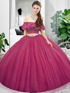 Pretty Two Pieces Ball Gown Prom Dress Fuchsia Off The Shoulder Organza Sleeveless Floor Length Lace Up