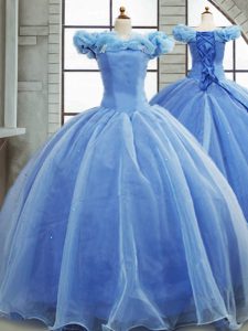 Light Blue 15th Birthday Dress Off The Shoulder Sleeveless Brush Train Lace Up