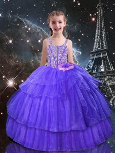 Custom Designed Straps Sleeveless Organza Little Girls Pageant Dress Wholesale Beading and Ruffled Layers Lace Up