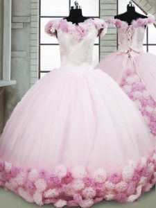 Luxury Off The Shoulder Sleeveless Brush Train Lace Up Vestidos de Quinceanera Pink Fabric With Rolling Flowers