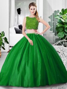 Noble Green Scoop Zipper Lace and Ruching Quinceanera Gowns Sleeveless