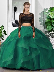 Floor Length Dark Green Quinceanera Gowns Tulle Long Sleeves Lace and Ruffles