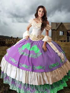 Sleeveless Embroidery and Ruffled Layers Lace Up Sweet 16 Quinceanera Dress with Multi-color Brush Train
