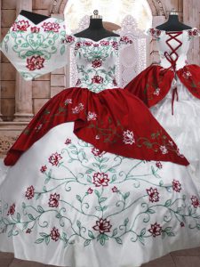 Floor Length White And Red Vestidos de Quinceanera Taffeta Sleeveless Embroidery and Ruffled Layers