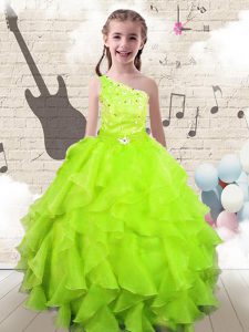 Lovely Floor Length Yellow Green Child Pageant Dress One Shoulder Sleeveless Lace Up