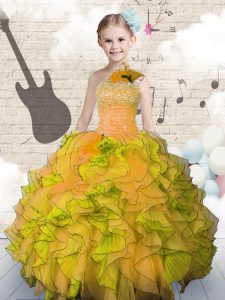 Most Popular Orange Sleeveless Floor Length Beading and Ruffles Lace Up Little Girls Pageant Dress