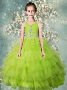 Yellow Green Ball Gowns Organza Halter Top Sleeveless Beading and Ruffled Layers Floor Length Zipper Little Girls Pageant Gowns