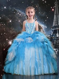Trendy Sleeveless Floor Length Beading and Ruffles Lace Up Kids Pageant Dress with Baby Blue