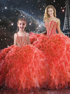 Fancy Sleeveless Organza Floor Length Lace Up Quinceanera Dress in Coral Red with Beading and Ruffles