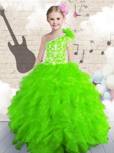 Excellent One Shoulder Sleeveless Little Girls Pageant Gowns Floor Length Beading and Ruffles Organza