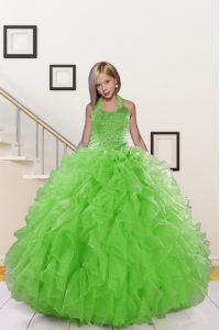 Glorious Ball Gowns Pageant Gowns For Girls Green Halter Top Organza Sleeveless Floor Length Lace Up
