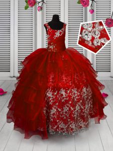 Organza Sleeveless Floor Length Little Girl Pageant Dress and Appliques and Ruffled Layers