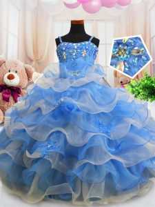 Blue Organza Zipper Little Girls Pageant Dress Sleeveless Floor Length Beading and Ruffled Layers