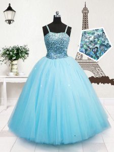 Custom Made Turquoise Tulle Zipper Little Girls Pageant Gowns Sleeveless Floor Length Beading and Sequins