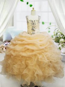 New Arrival Pick Ups Ball Gowns Kids Pageant Dress Champagne Straps Organza Sleeveless Floor Length Zipper
