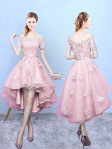 Short Sleeves Lace Up High Low Lace Quinceanera Dama Dress